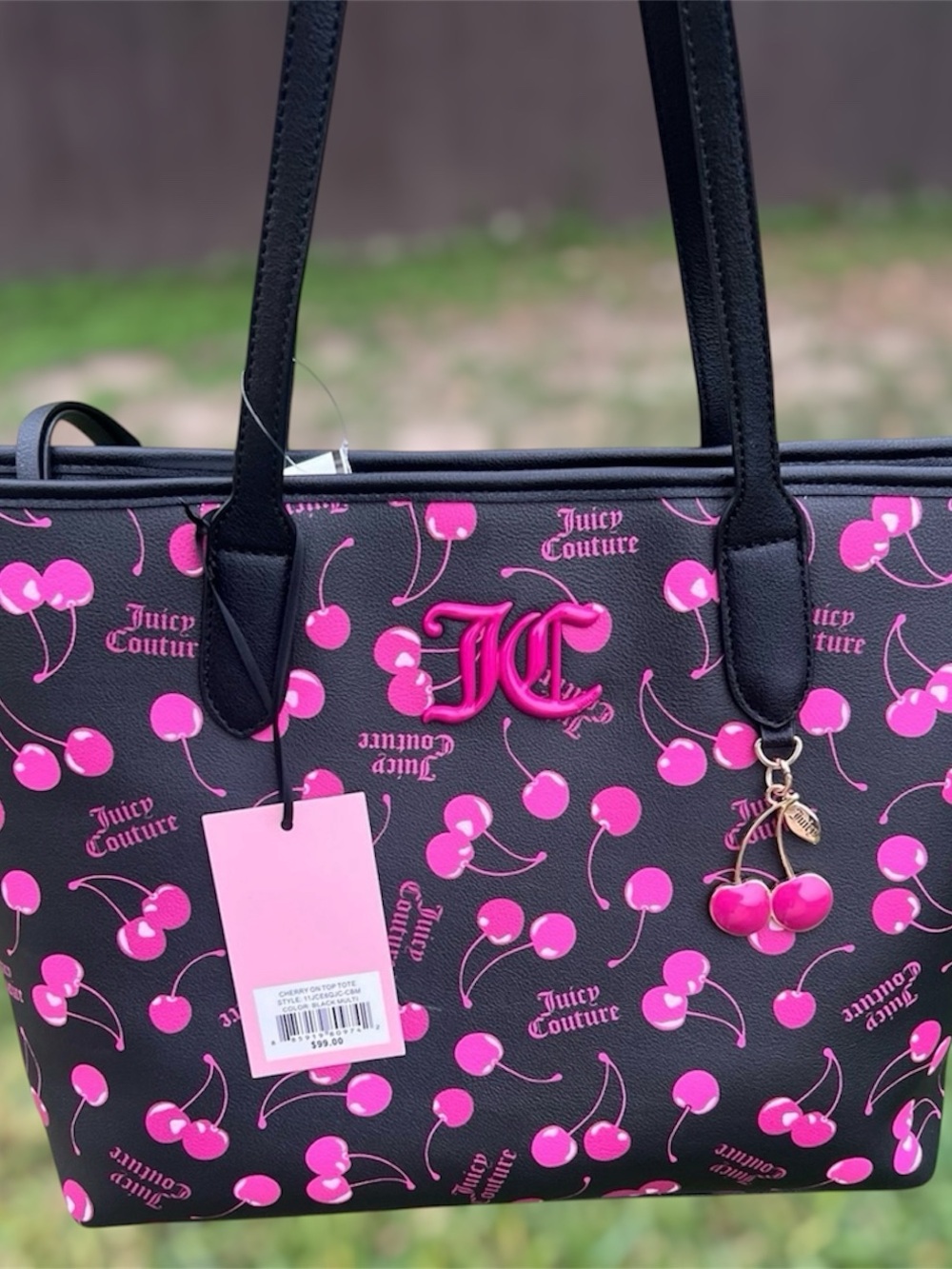 Juicy Couture Black Tote with Hot Pink Cherry Print